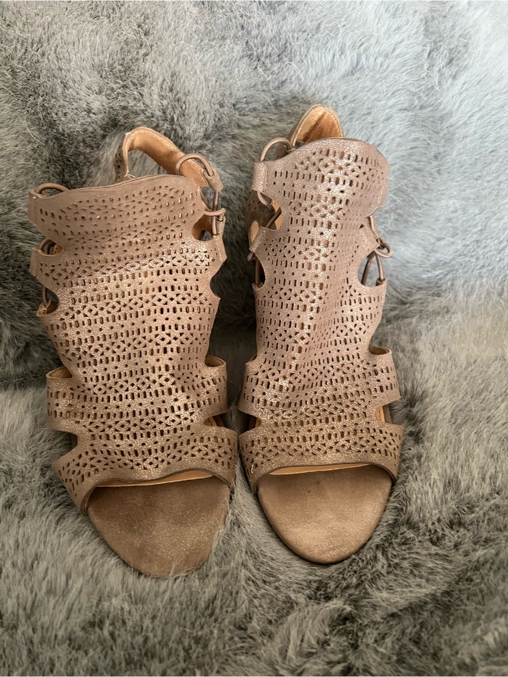Vince Camuto Taupe Suede Laser-Cut Strappy Heeled Sandals